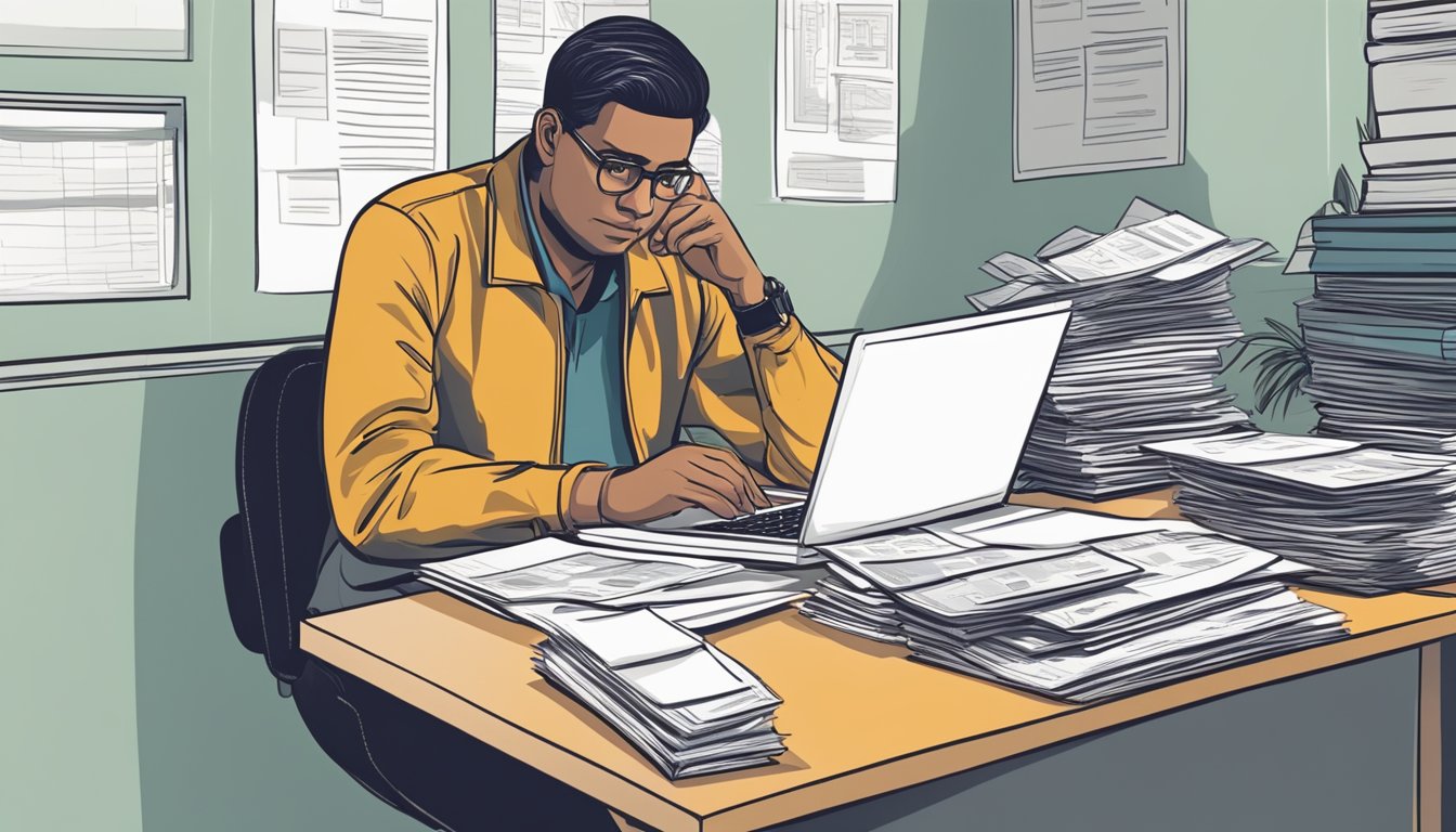 A person sitting at a desk, surrounded by paperwork and a laptop, with a serious expression while considering borrowing from a licensed money lender in Pasir Ris, Singapore