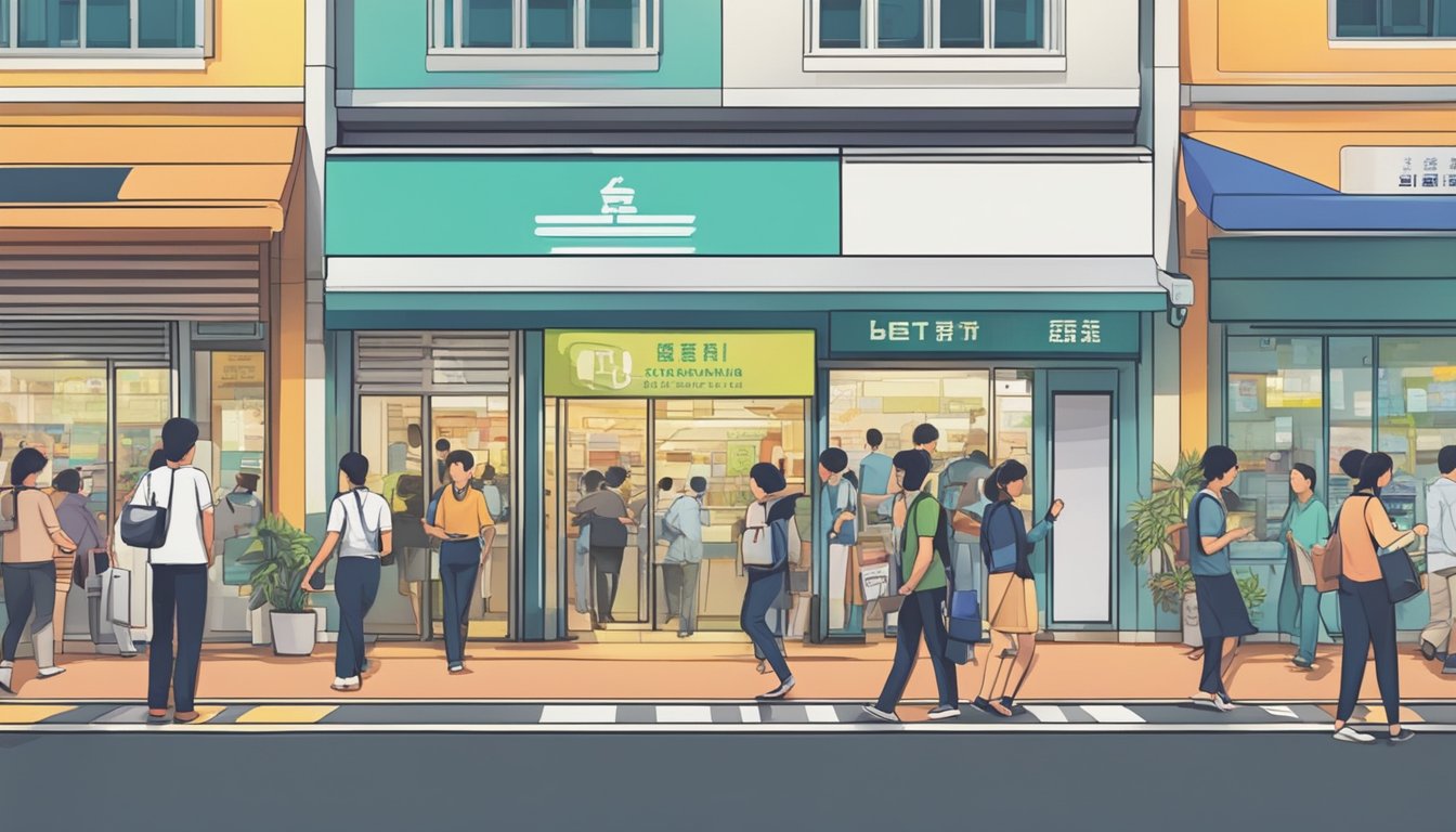 A bustling street in Pasir Ris, Singapore, with a prominent sign for the best licensed money lender. People are seen entering and exiting the establishment