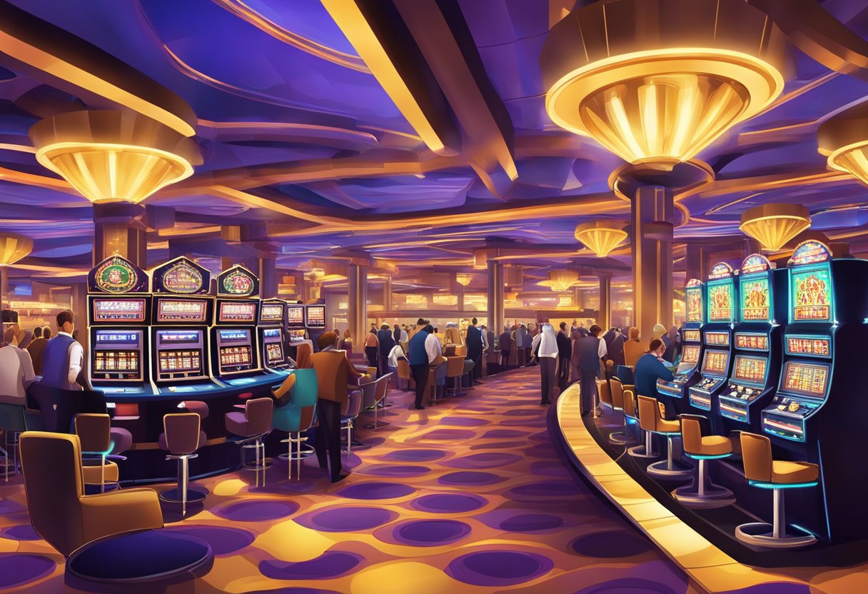 The bright lights of the casino shine against a backdrop of a bustling gaming floor, with slot machines ringing and card tables bustling with activity