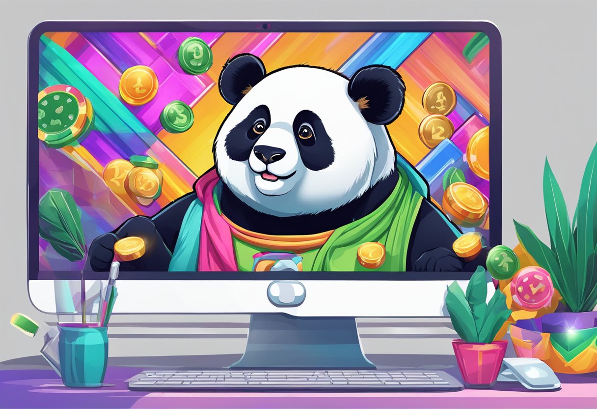 A panda sits at a computer, logging into Panda Master online casino. The screen displays colorful games and enticing bonuses