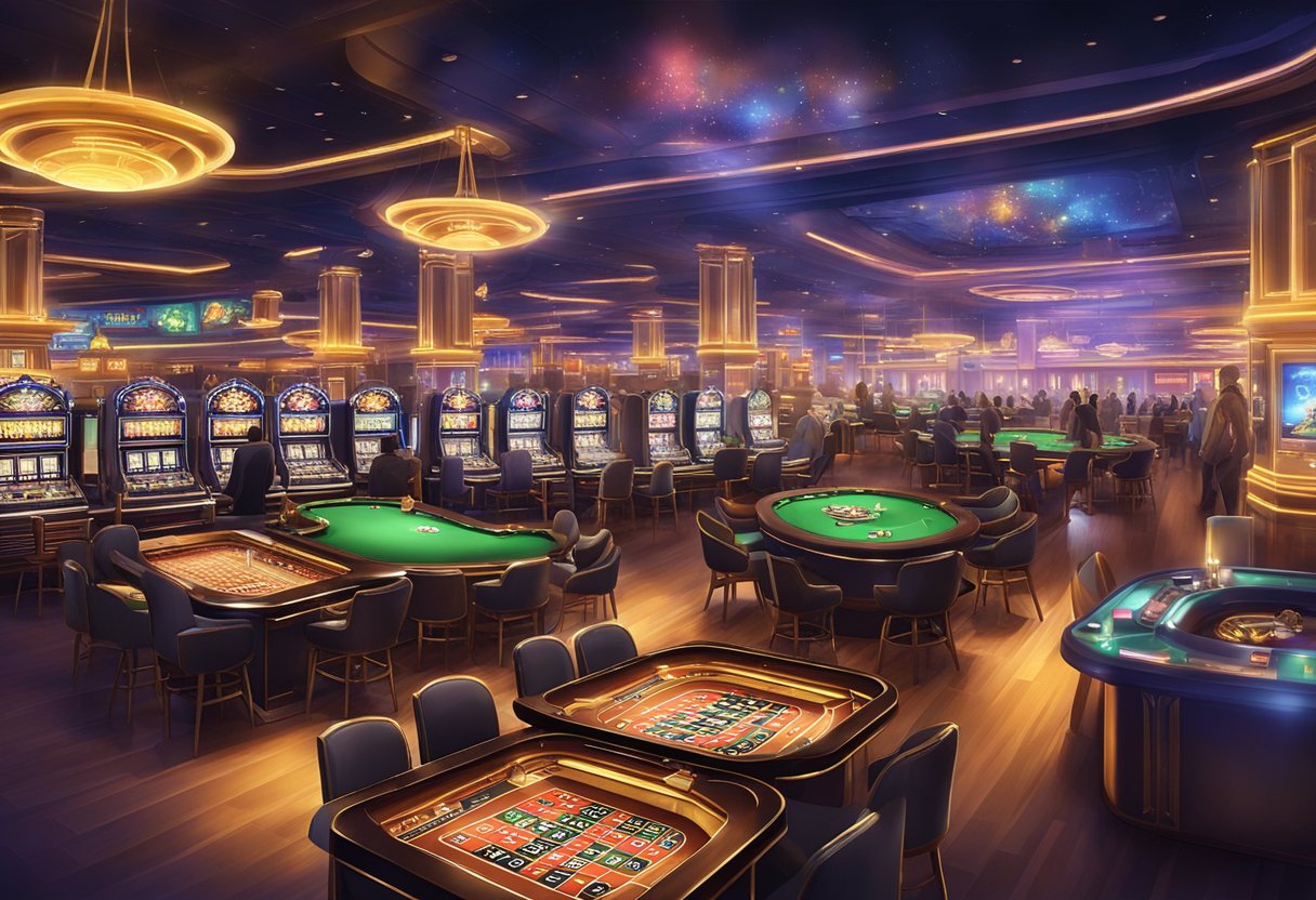 The bright lights of BetRivers online casino illuminate the bustling virtual gaming floor, with slot machines flashing and card tables bustling with activity