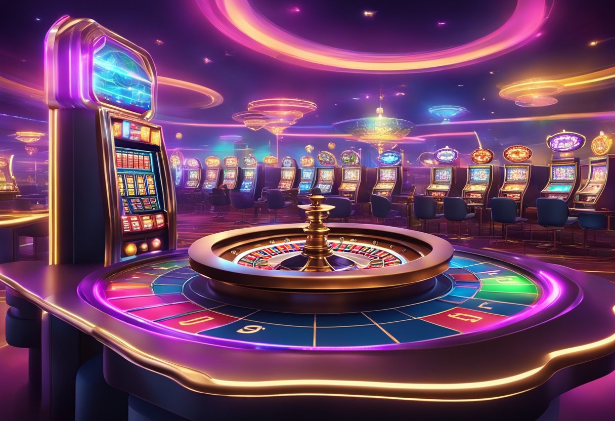 A colorful digital casino with slot machines, card tables, and roulette wheel, surrounded by flashing lights and lively animations