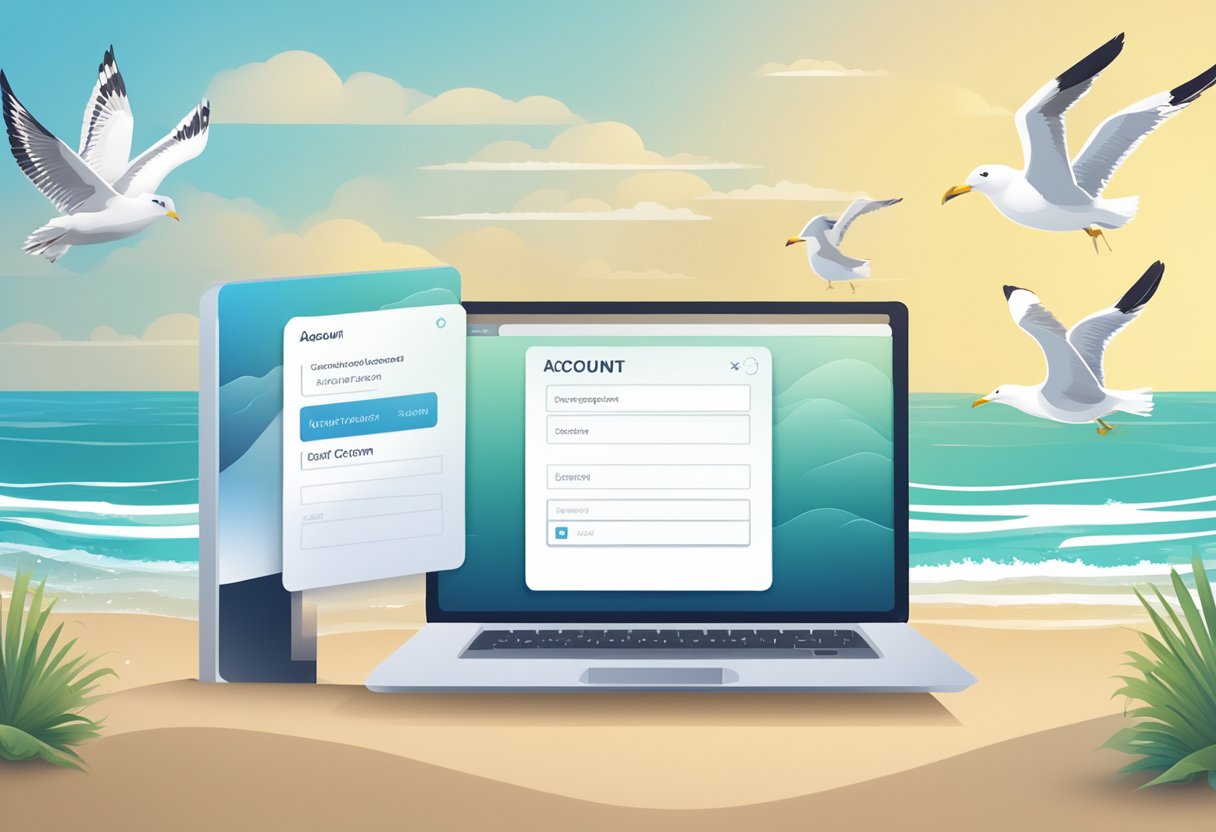 A computer screen displaying an account registration form with a verification code being entered. A beach background with waves and seagulls