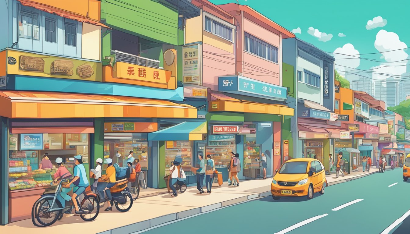 A bustling street in Tampines, Singapore, with a prominent sign reading "Best Licensed Money Lender." Bright colors and diverse storefronts line the busy thoroughfare