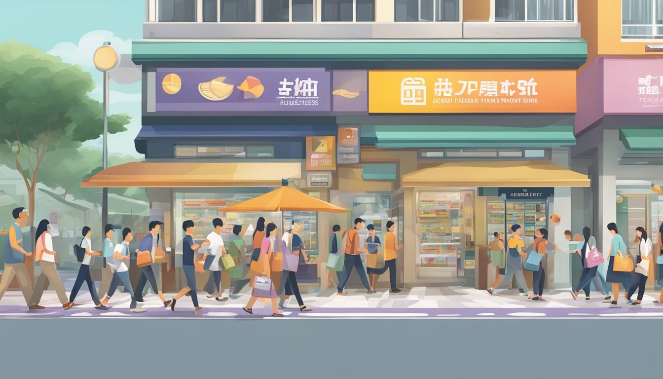A bustling street in Tampines, with a prominent sign for the "Best Licensed Money Lender in Tampines Singapore" and a steady stream of customers entering and exiting the establishment