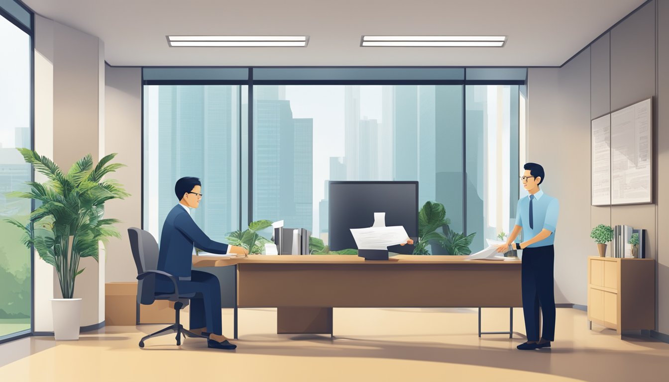 A professional office setting with a sign displaying "Best Licensed Money Lender in Tampines, Singapore." A well-dressed representative assists a customer with paperwork