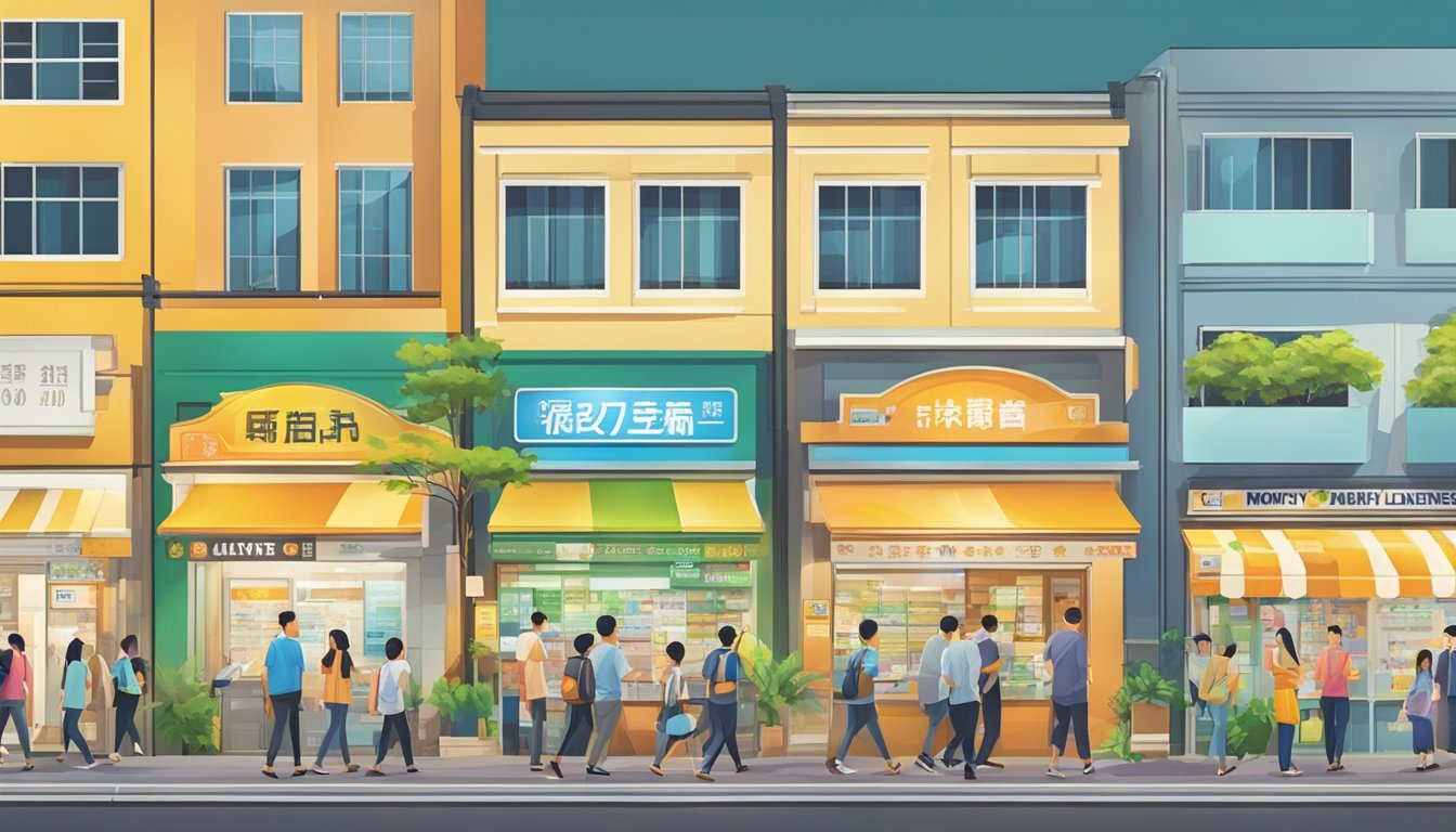 A bustling street in Tampines, Singapore, with prominent signage for licensed money lenders. People entering and exiting the establishments, with a mix of anticipation and caution on their faces