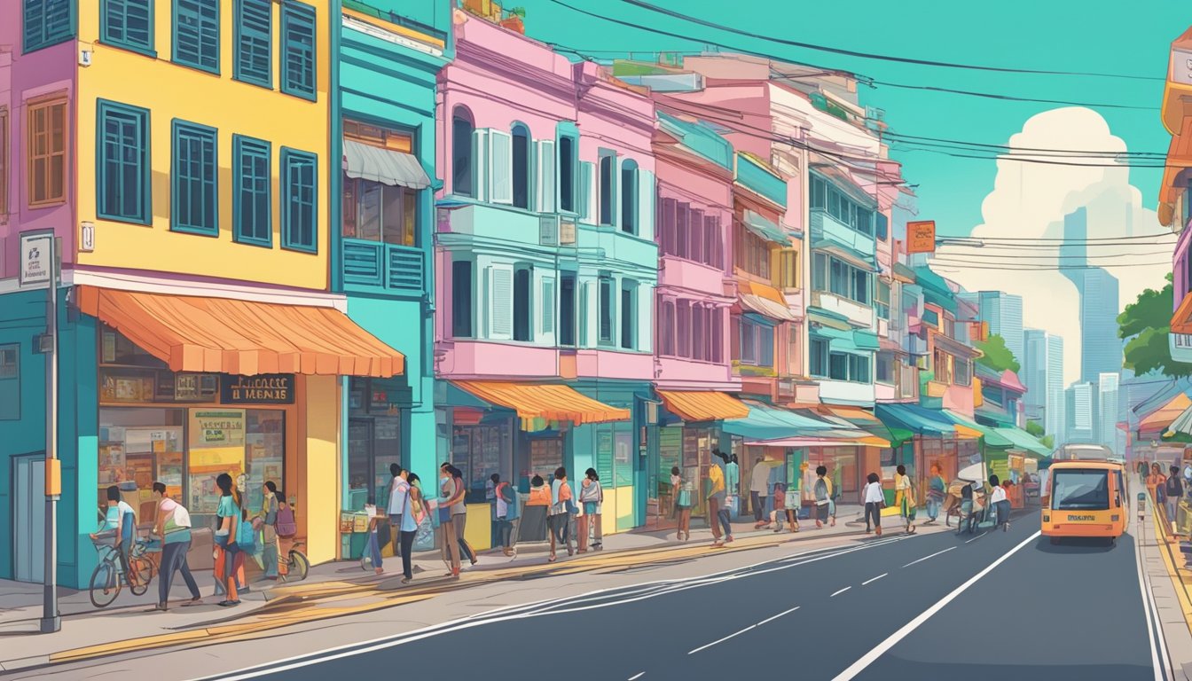 A bustling street near Tanah Merah, Singapore, with a prominent sign reading "Best Licensed Money Lender." Brightly colored buildings line the road, and people are seen entering and exiting the establishment