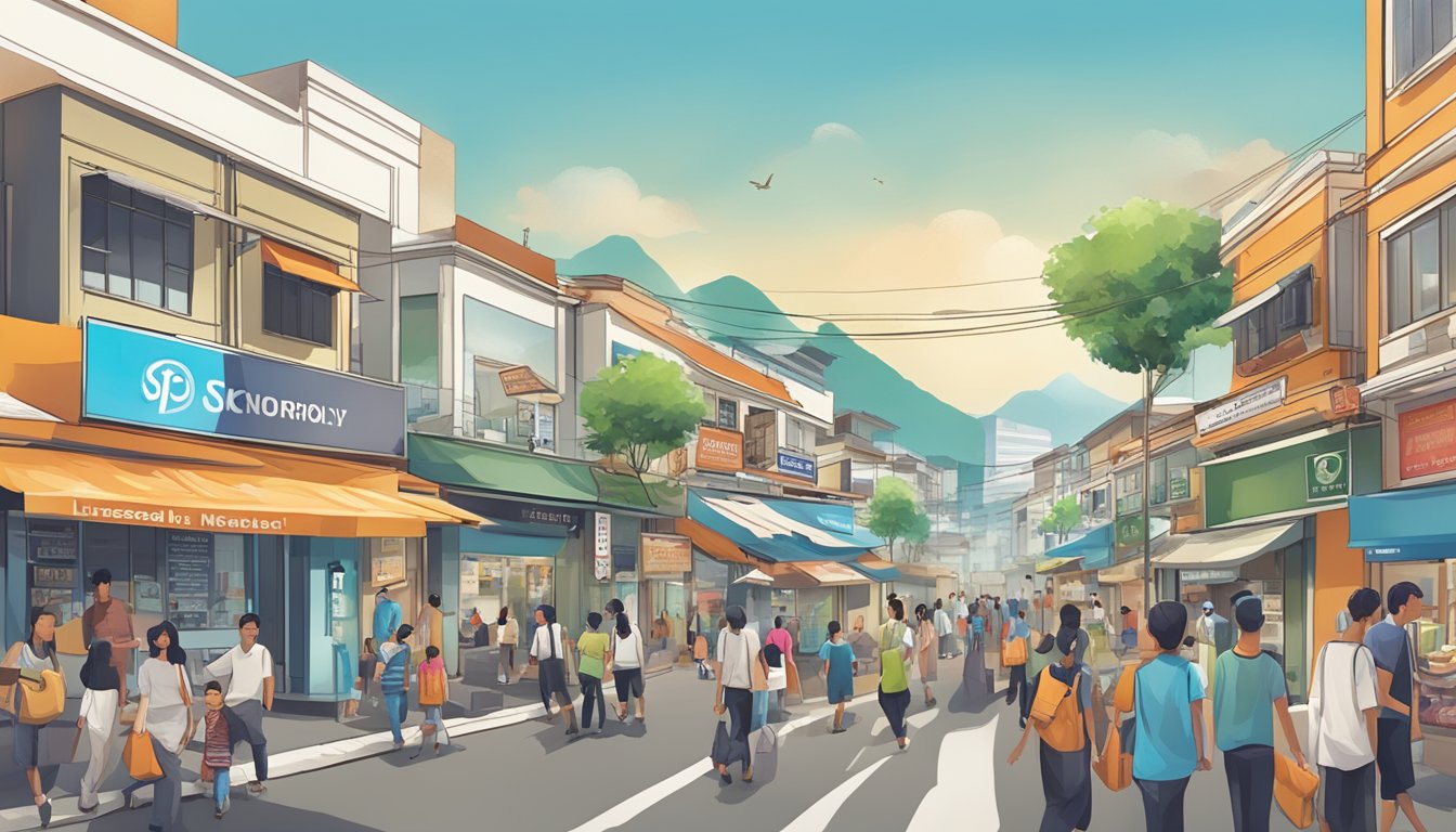 A bustling street near Tanah Merah with a prominent sign for a licensed money lender, surrounded by shops and people going about their business