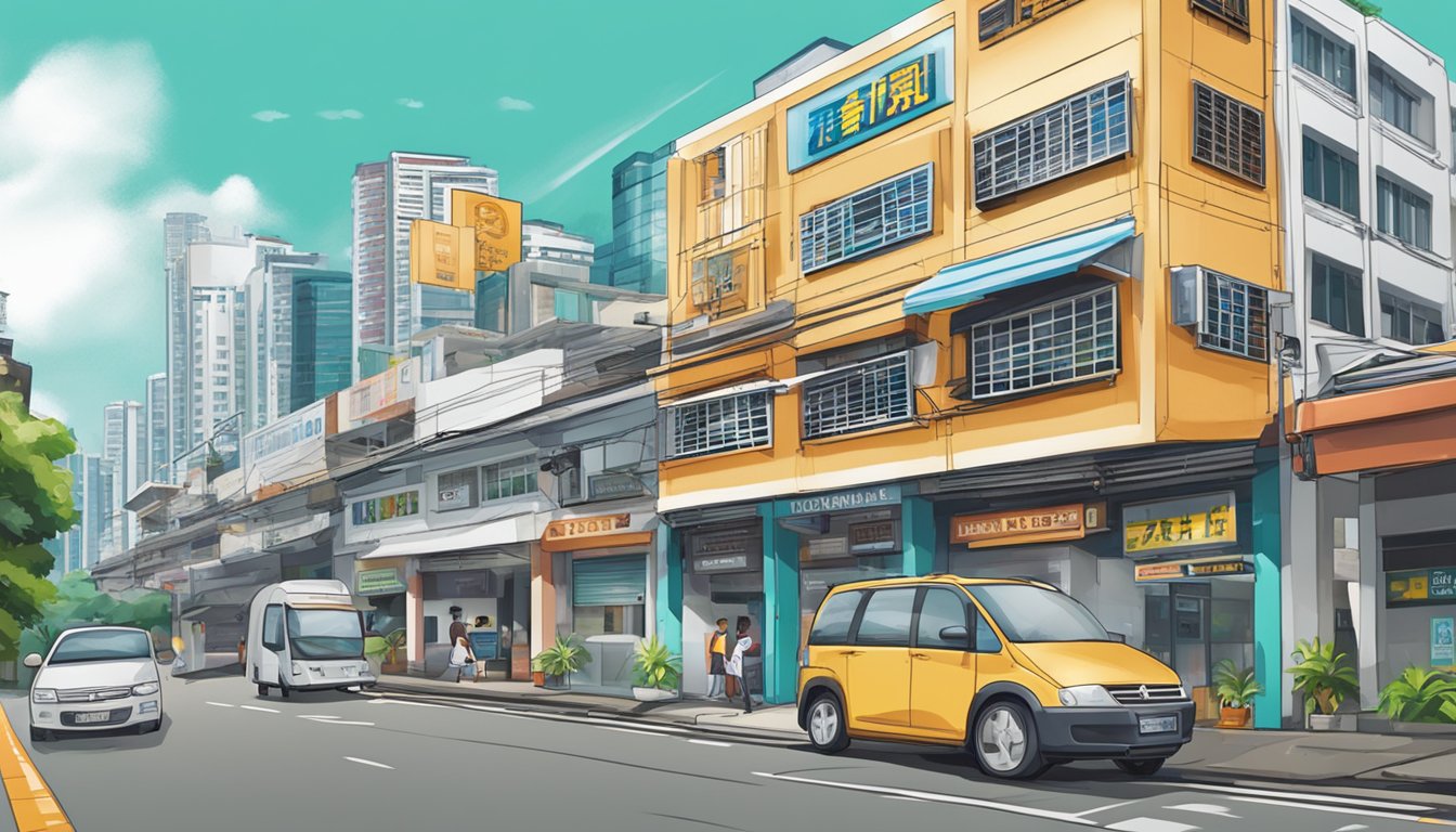 A signboard with "Reputable Licensed Money Lender" in bold letters near Tanah Merah, Singapore. Surrounding buildings and a bustling street