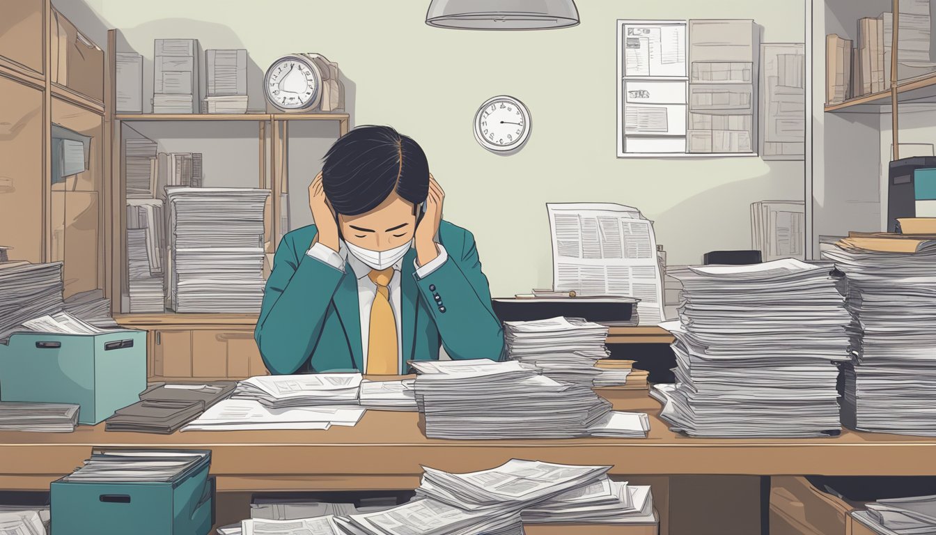 A person sits at a desk, surrounded by paperwork and financial documents. A sign on the wall reads "Best Licensed Money Lender Near Tanah Merah Singapore". The person appears to be deep in thought, considering their options before borrowing