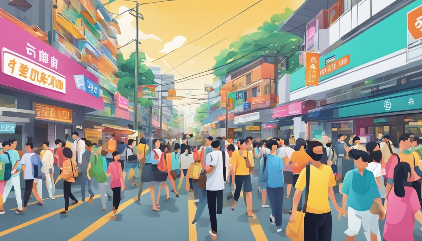 A bustling street in Bedok, Singapore, with a prominent sign for the best licensed money lender. Bright colors and busy foot traffic