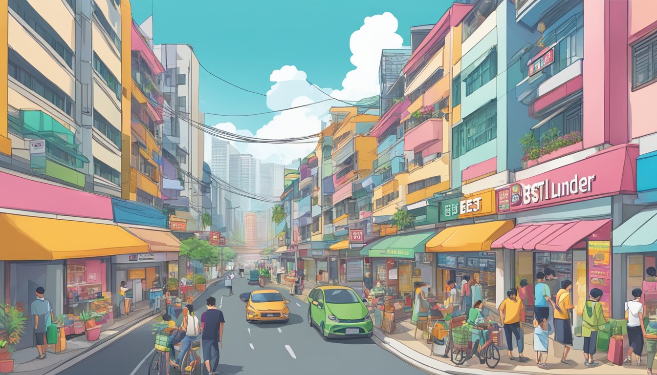 A bustling street in Tampines West, with colorful storefronts and people going about their day. A sign prominently displays "Best Licensed Money Lender" in bold letters