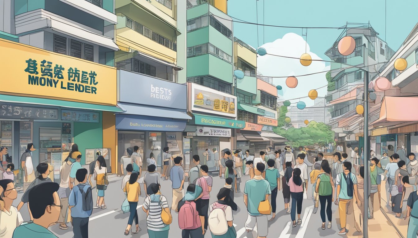 A crowded street in Bedok, Singapore, with a prominent sign reading "Best Licensed Money Lender." Pedestrians inquire inside