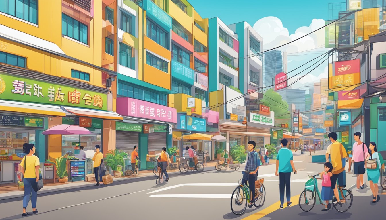 A bustling street in Tampines East, Singapore, with a prominent sign reading "Best Licensed Money Lender." Bright colors and diverse storefronts line the busy road