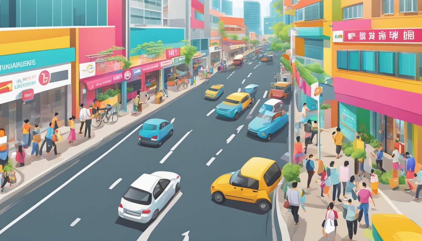 A bustling street in Tampines East, with a prominent sign for a licensed money lender. Bright colors and busy foot traffic