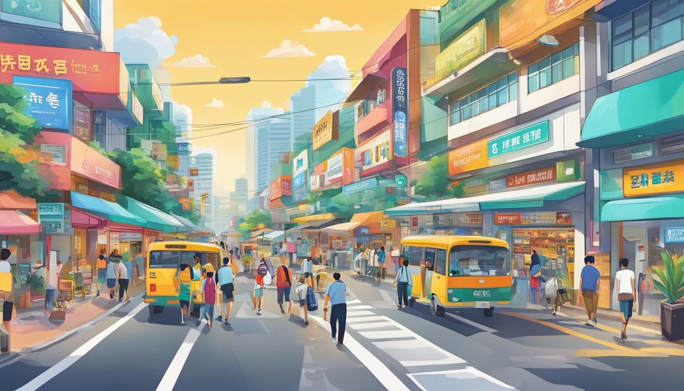 A bustling street in Upper Changi, Singapore, with a prominent sign for the best licensed money lender. Vibrant colors and diverse storefronts line the busy road