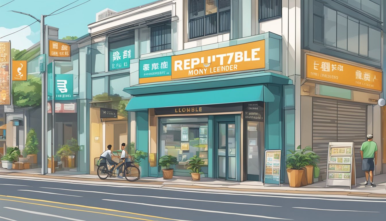 A storefront with a prominent sign reading "Reputable Licensed Money Lender Near Tampines East Singapore." Surrounding buildings and street signs indicate a bustling urban area