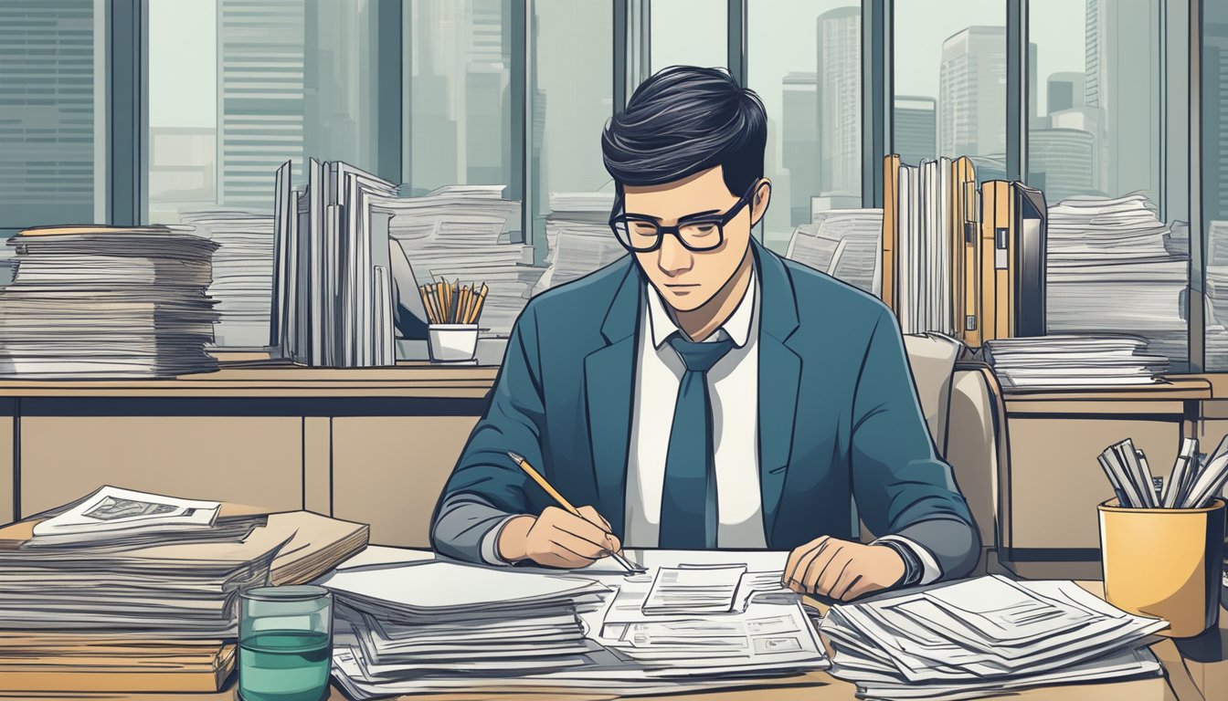 A person sitting at a desk, surrounded by paperwork and financial documents. They are carefully reviewing and comparing different licensed money lenders near Tampines East, Singapore, considering the terms and conditions before making a decision