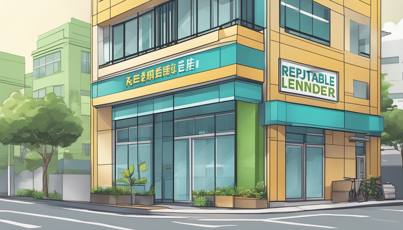 A storefront sign reads "Reputable Licensed Money Lender" in Tampines West, Singapore. The building is modern, with clean lines and a professional appearance