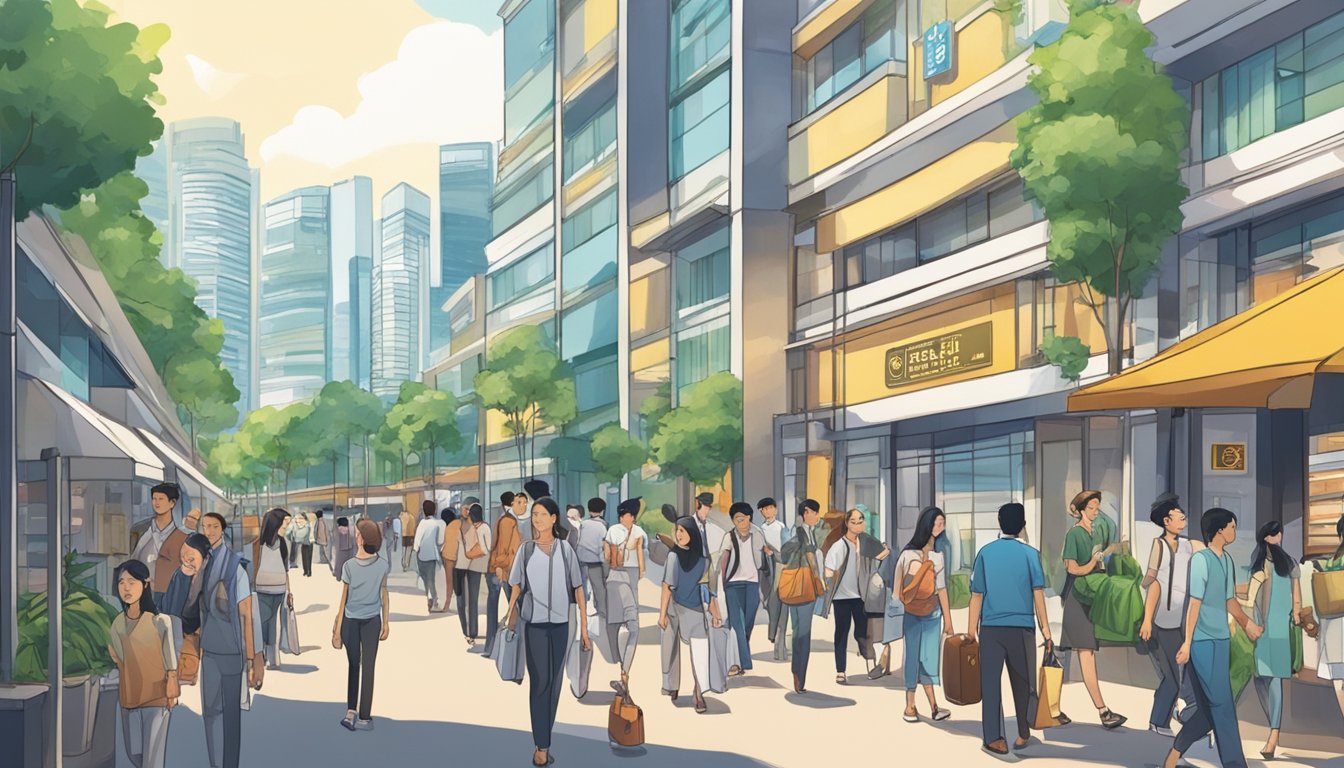 A bustling street near Expo Singapore with a prominent sign for the "Best Licensed Money Lender." People are seen entering and exiting the establishment, while others walk by in the background