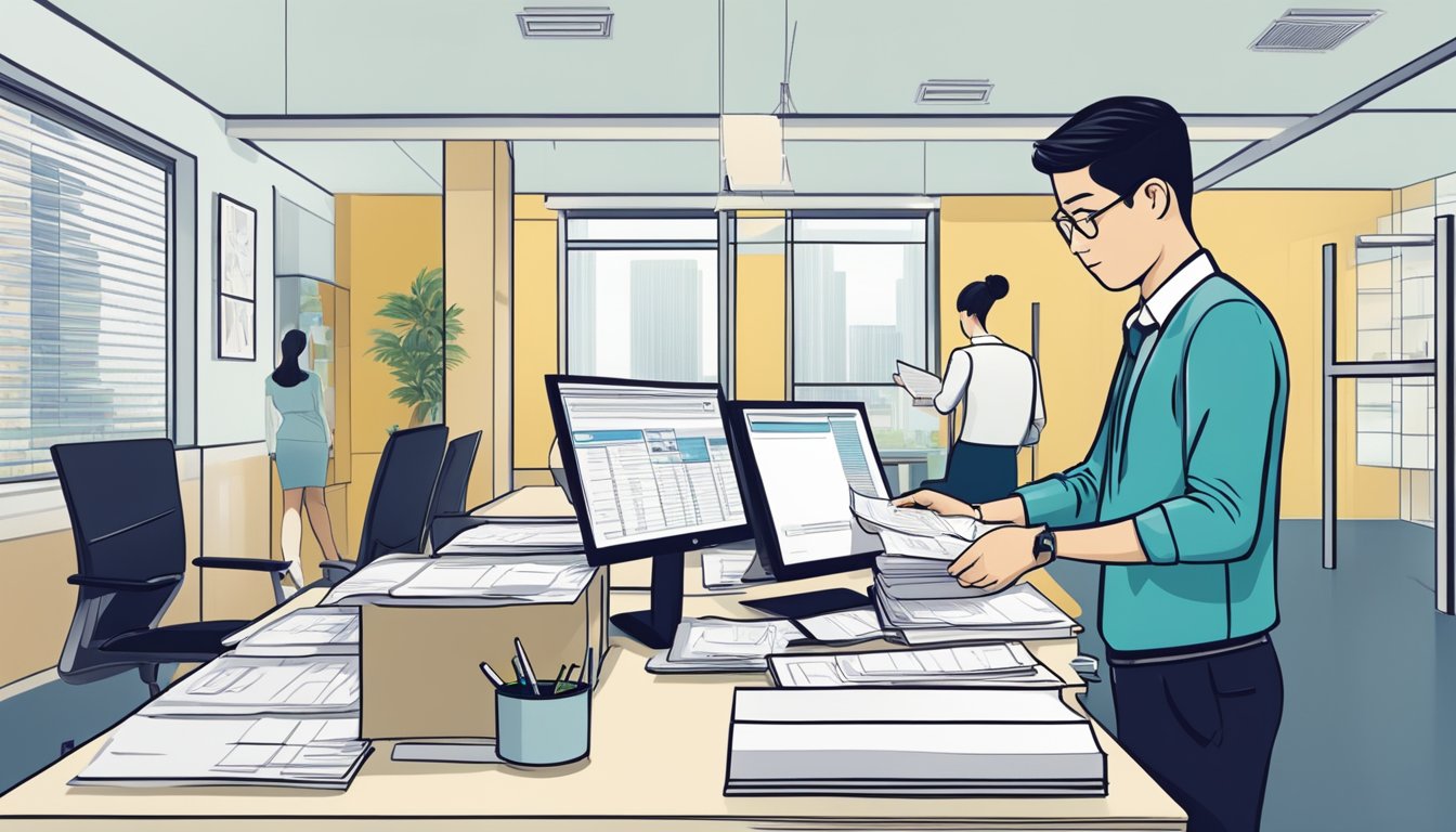 A person carefully reviews loan terms at a licensed money lender office in Tampines West, Singapore. The office is clean and professional, with a friendly staff member assisting the borrower