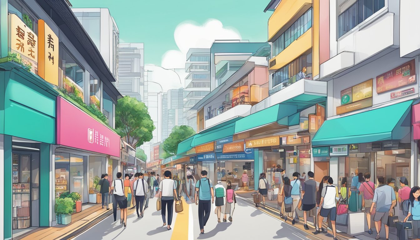 A bustling street in Upper Changi, Singapore, with a prominent sign for the best licensed money lender. Bright, modern storefronts line the road, and people are seen going about their business