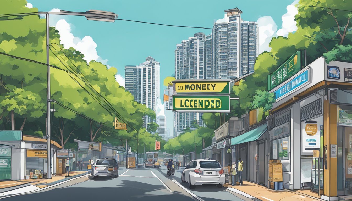 A signboard with "Reputable Licensed Money Lender" in bold letters stands against a backdrop of the Upper Changi neighborhood in Singapore. The sign is visible from a distance, indicating its prominent location