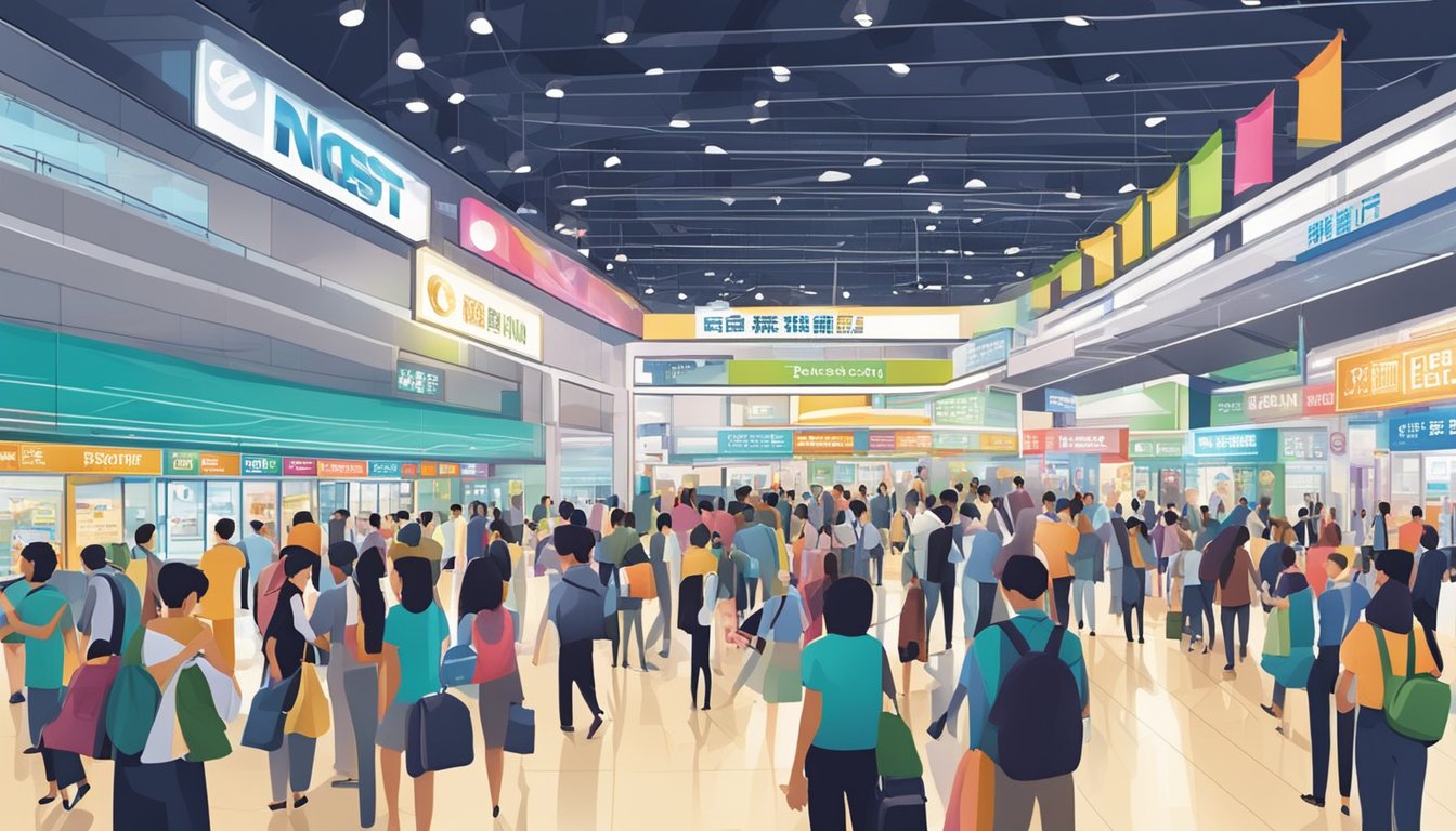 A bustling expo center with a prominent sign for the best licensed money lender near Expo, Singapore. Bright lights and a steady flow of people