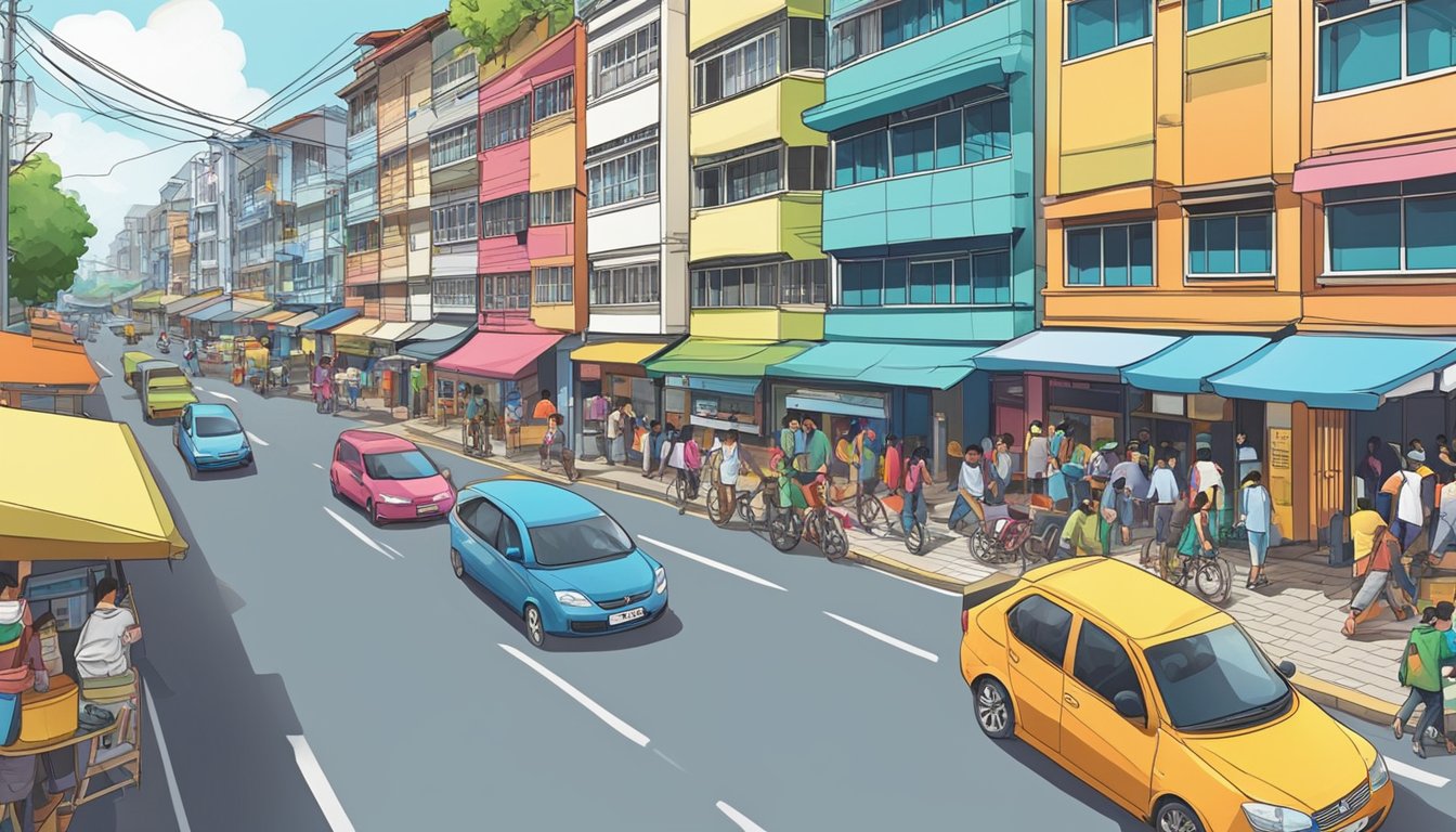 A bustling street in Kembangan, with a prominent sign for a licensed money lender. Brightly colored buildings line the road, and people pass by, indicating a busy and lively neighborhood