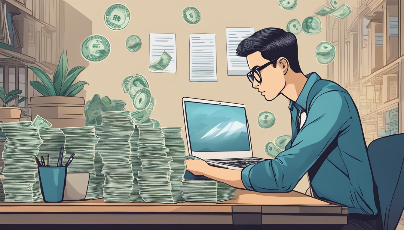 A person sitting at a desk, surrounded by paperwork and a laptop, carefully comparing different licensed money lenders near Upper Changi, Singapore