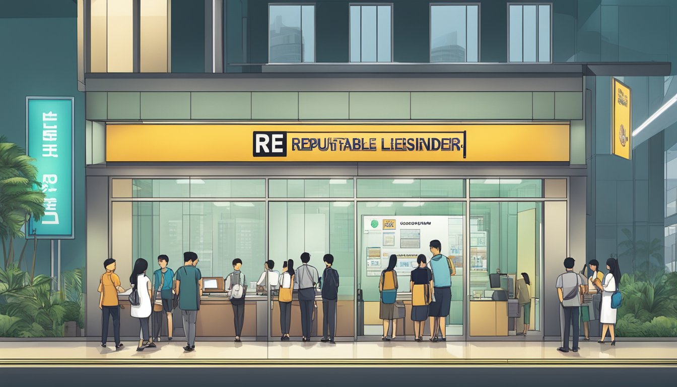 A well-lit office with a sign reading "Reputable Licensed Money Lender" near Expo Singapore. A line of customers waits patiently