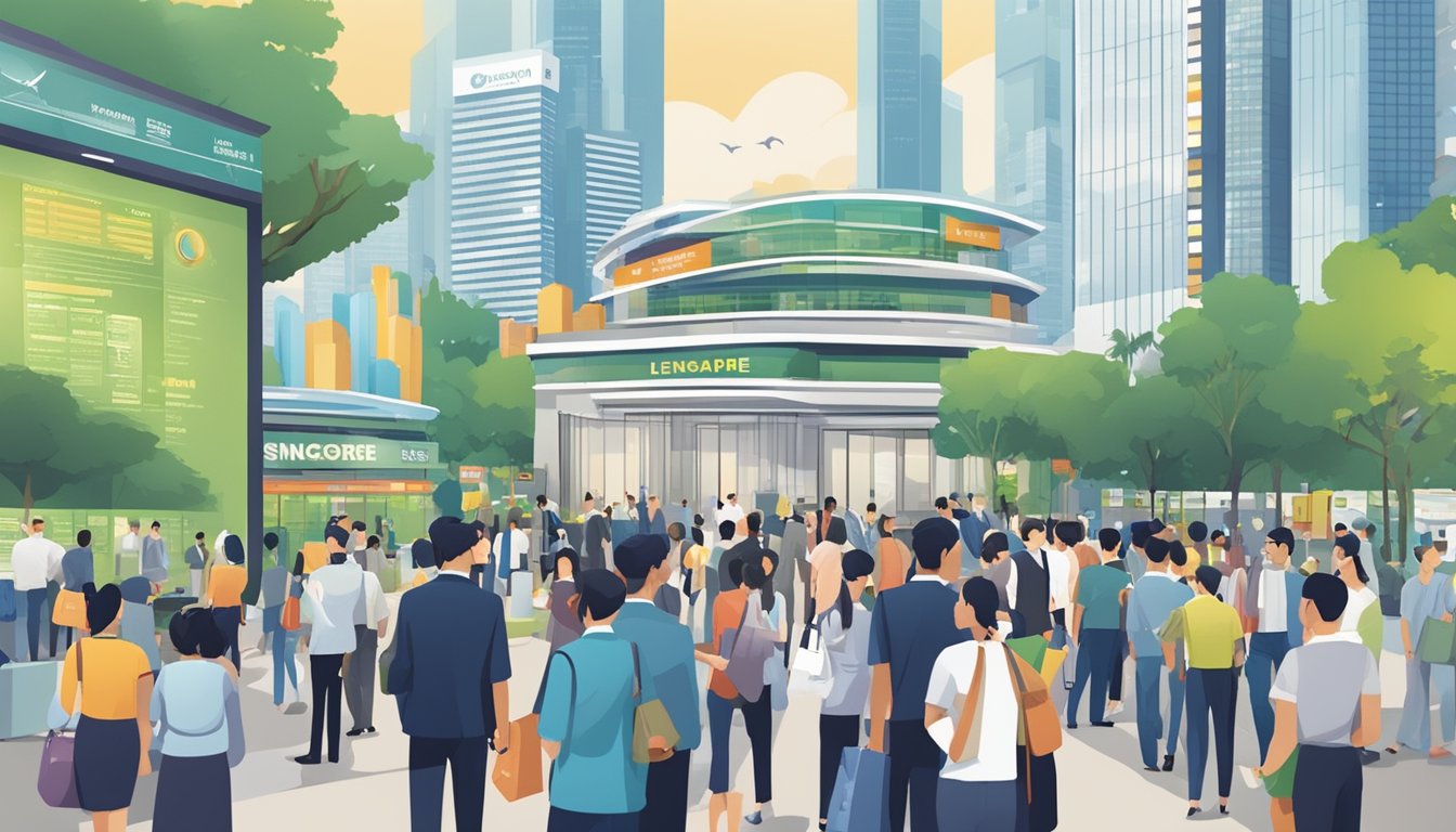 A bustling Expo Singapore backdrop with prominent licensed money lender signage, surrounded by potential borrowers weighing important considerations