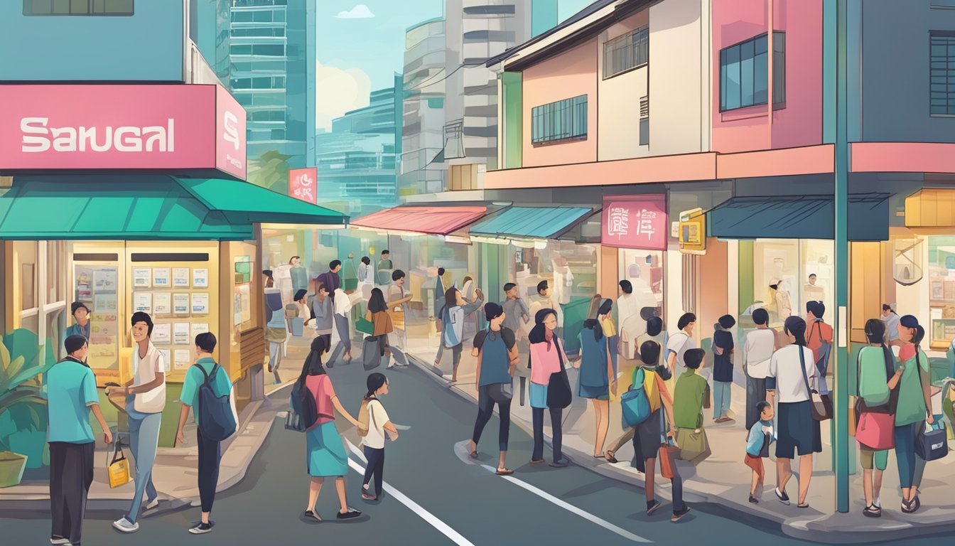 A bustling street in Kembangan, Singapore, with a prominent sign for a licensed money lender, surrounded by curious passersby
