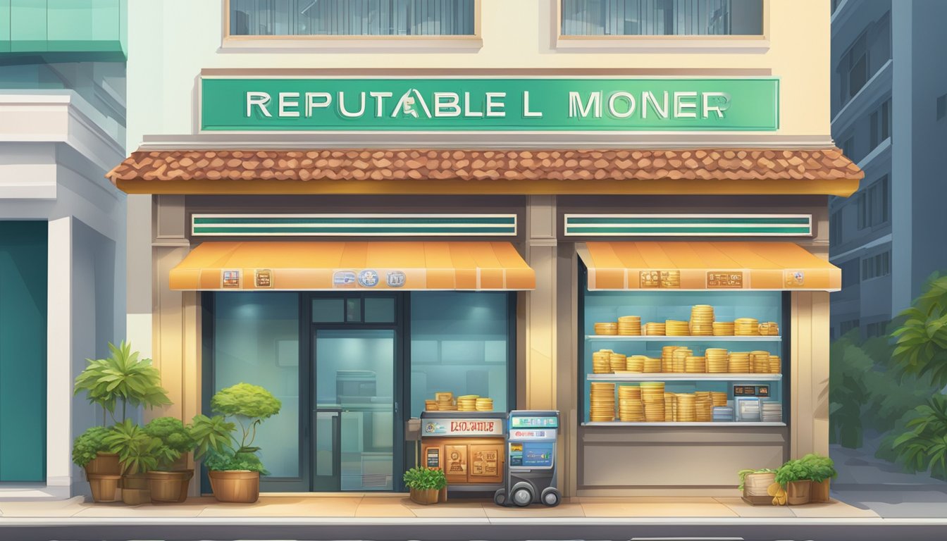 A storefront sign reads "Reputable Licensed Money Lender Near Xilin, Singapore." The building is clean and professional, with a welcoming atmosphere