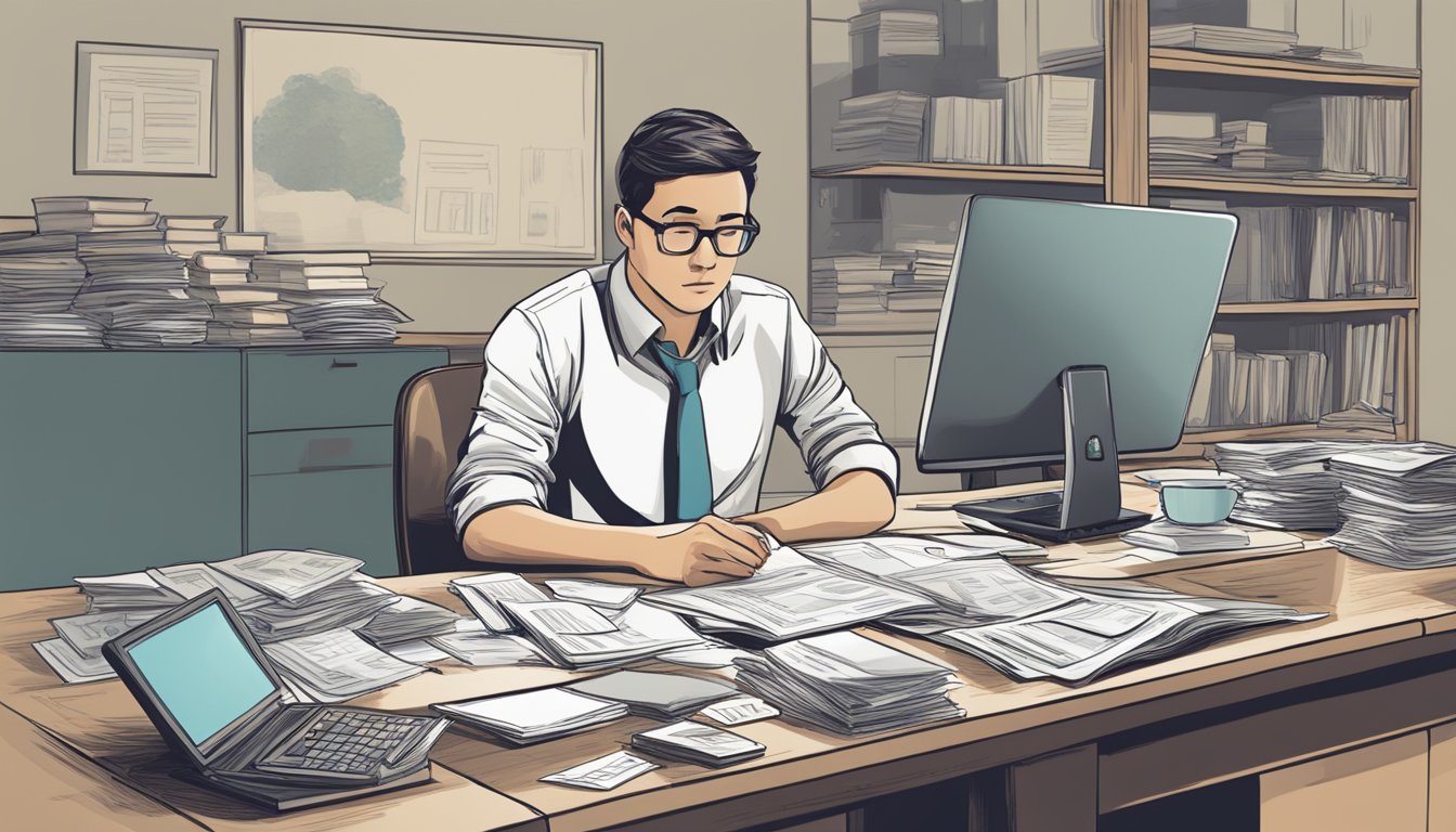 A person sitting at a desk, surrounded by paperwork and a laptop, with a calculator and financial documents spread out in front of them. The person appears to be deep in thought, contemplating important considerations before borrowing from a licensed money lender near Xilin