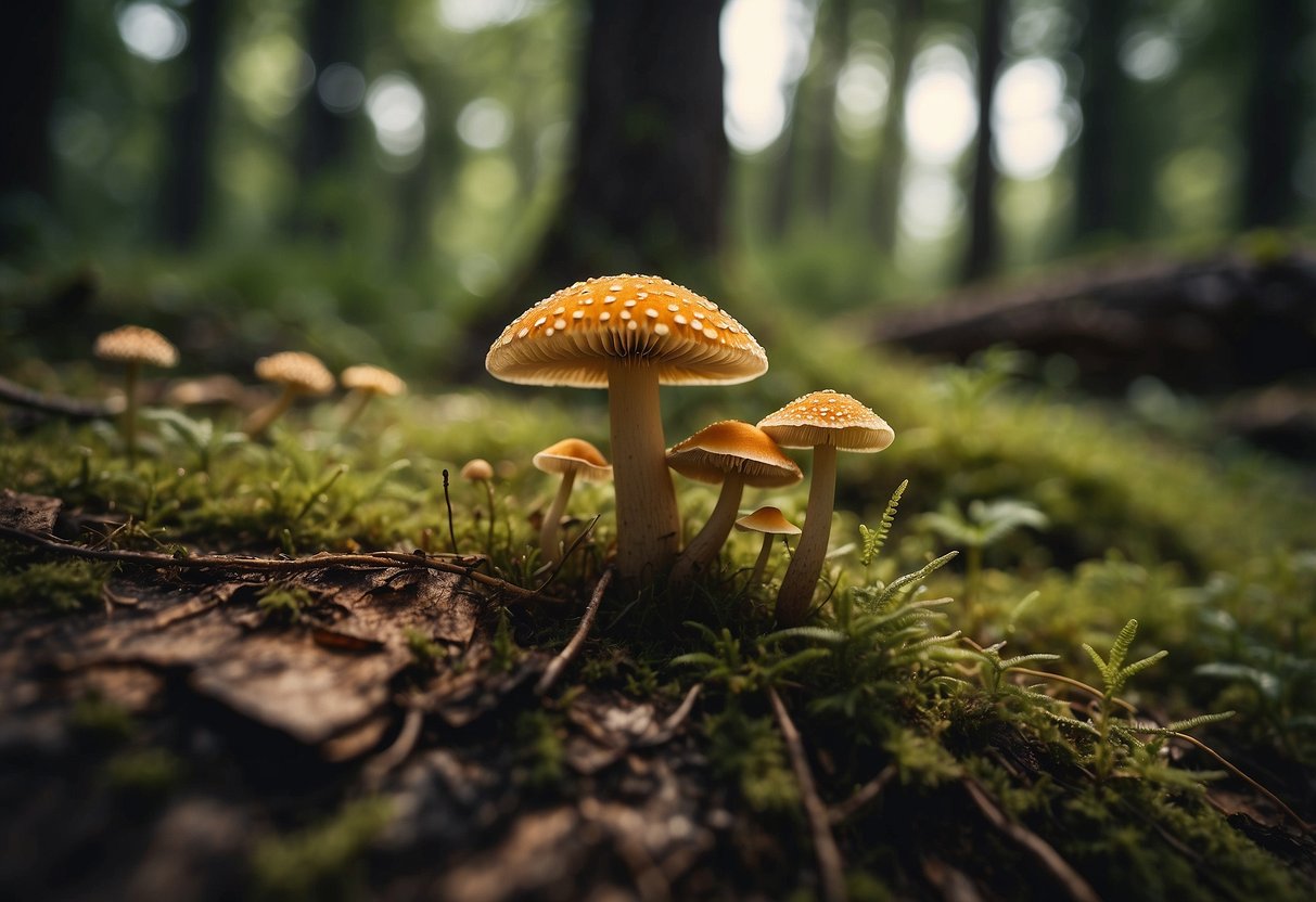 Lush forest floor with various edible mushrooms in Utah