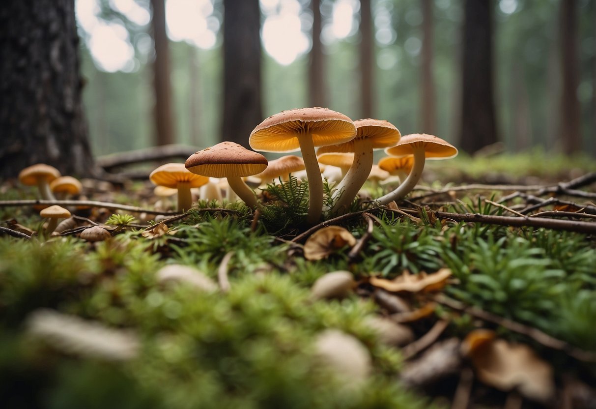 Lush forest floor with various types of edible mushrooms growing among pine needles and fallen leaves