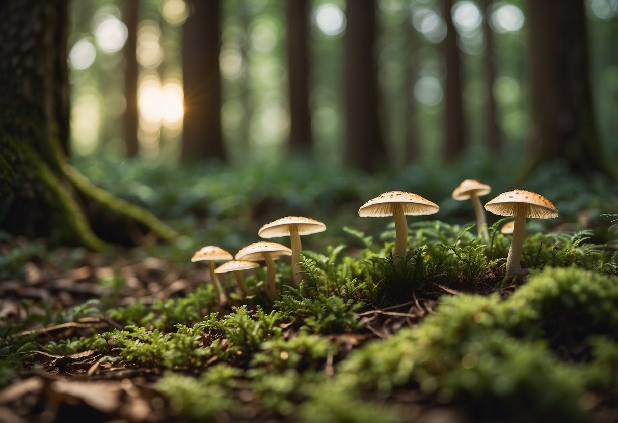 Lush forest floor with various mushrooms in different stages of growth, surrounded by tall trees and dappled sunlight