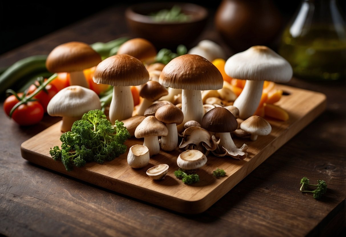 A variety of edible mushrooms from Utah are arranged on a wooden cutting board, showcasing their different shapes, sizes, and colors. A nutrition label and a chef's knife are placed beside them, highlighting their culinary uses and nutritional benefits