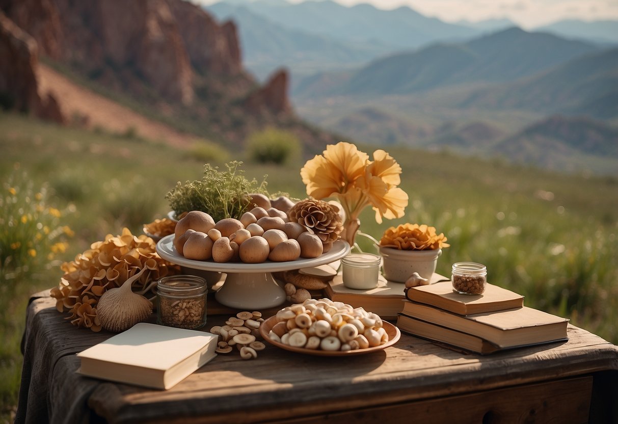 A table adorned with various edible mushrooms, books, and educational resources, set against the backdrop of Utah's natural landscape