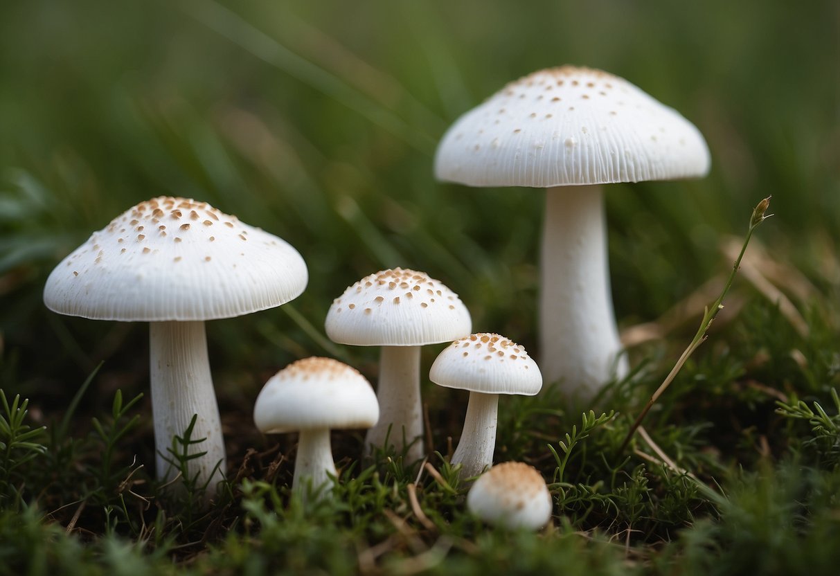 White mushrooms scatter across the yard, nestled in the grass