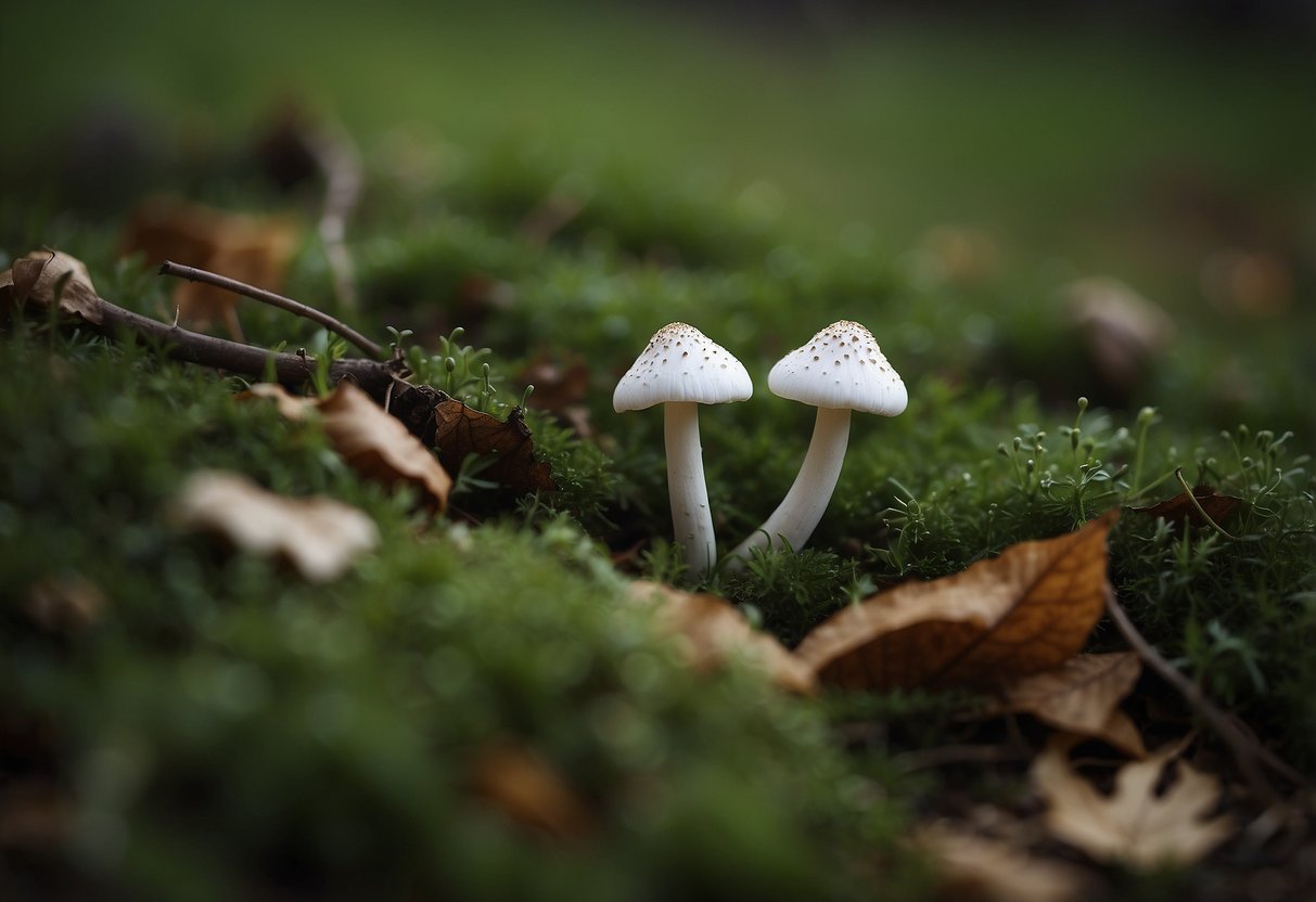 White mushrooms sprout from lush green grass in a backyard, surrounded by fallen leaves and small twigs