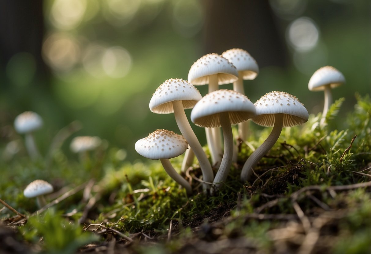 A cluster of white mushrooms grows in a grassy yard. Some are small and round, while others are larger and more irregular in shape. The surrounding area is lush and green, with patches of sunlight filtering through the trees above