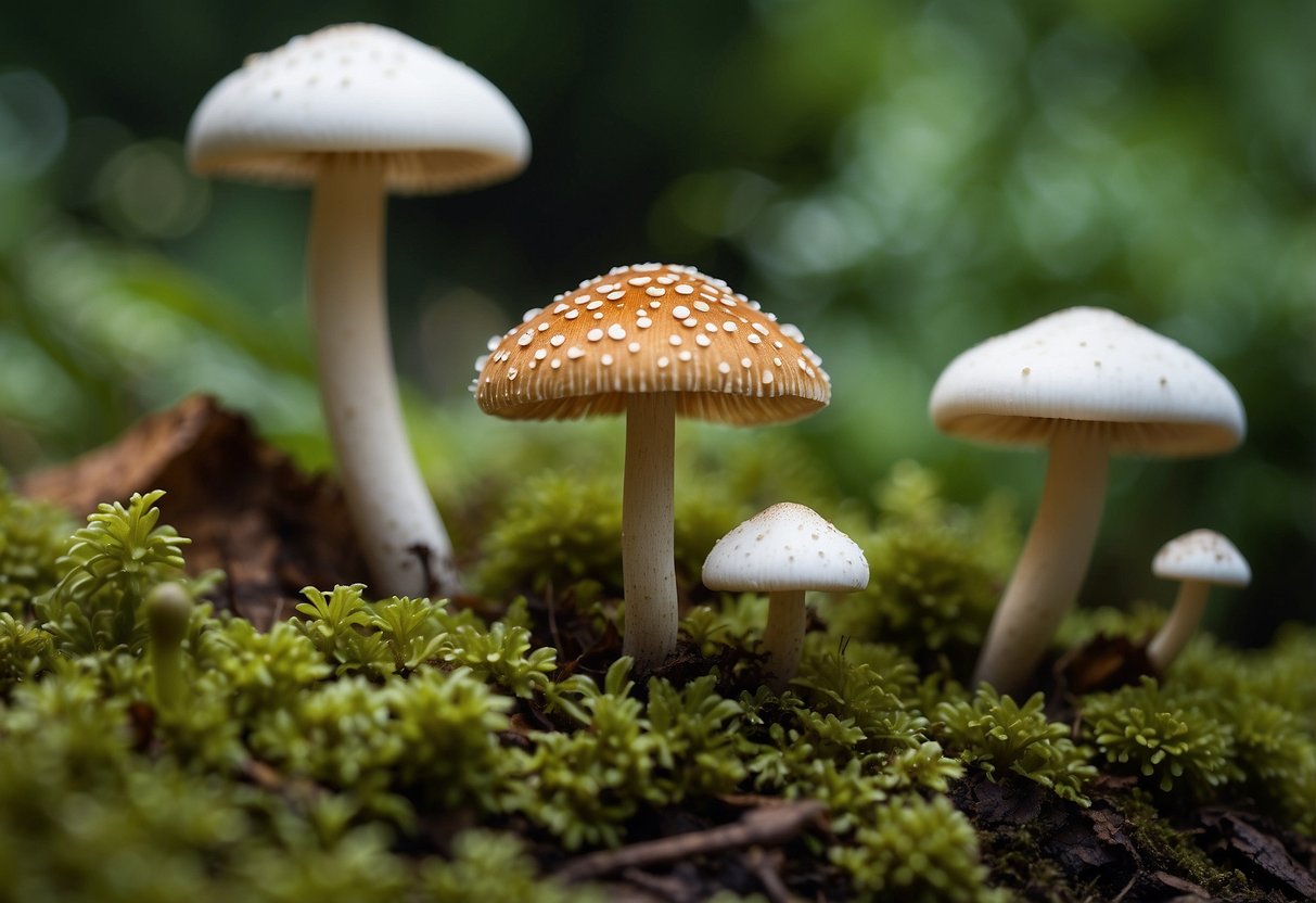 A variety of mushrooms, some with white caps, grow in a lush yard