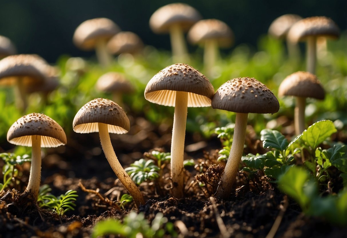 Mushrooms sprout from fresh manure, their caps glistening in the sunlight