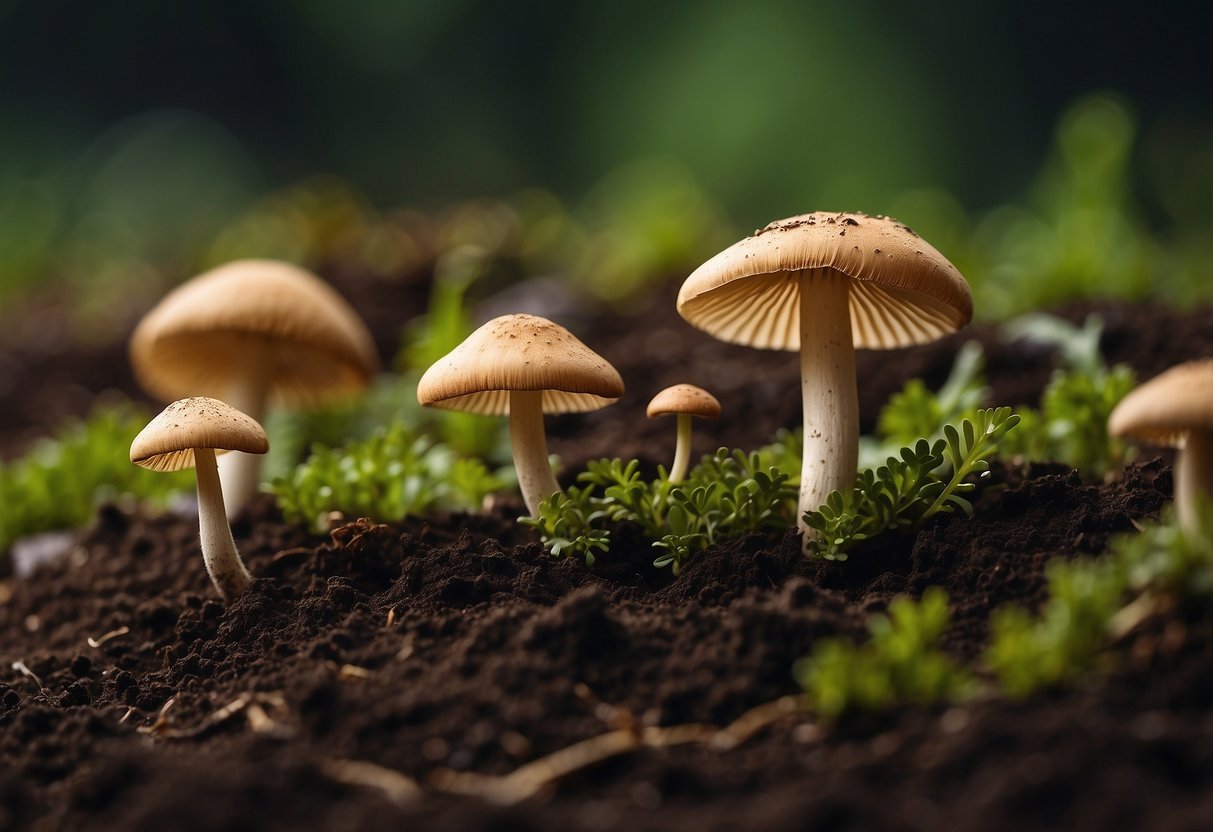 Mushrooms sprout from piles of manure, their caps varying in size and color, surrounded by rich, dark soil