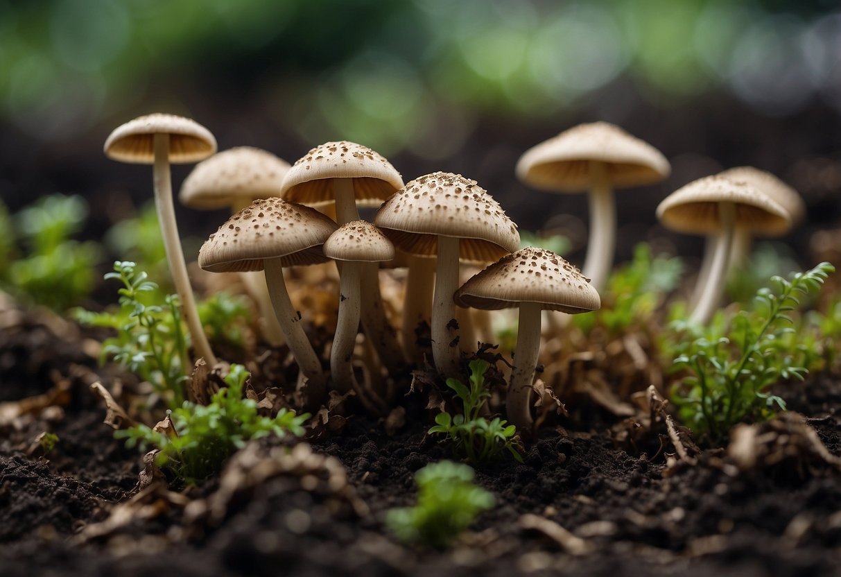 Mushrooms sprout from a bed of manure, surrounded by damp soil and decaying organic matter