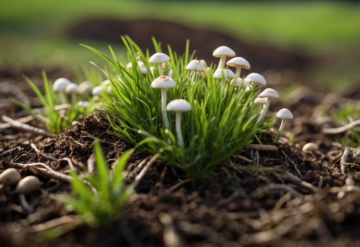 Lush green grass surrounds a pile of manure, where small, white mushrooms with brown caps emerge, untouched by any contaminants