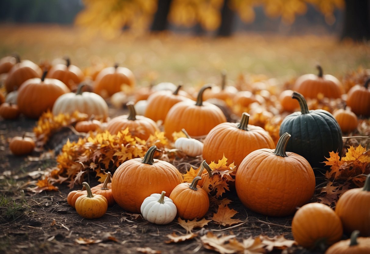 Colorful leaves scattered on the ground, a pumpkin patch with various shapes and sizes, a cozy fireplace with warm blankets, and a table filled with handmade fall crafts like wreaths and candle holders